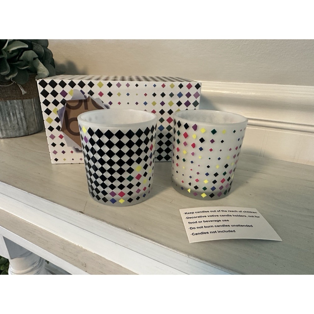 New Set of 2 Bloomingdale's Glass Votive‎ Candle Holders Boxed Checkered Diamond
